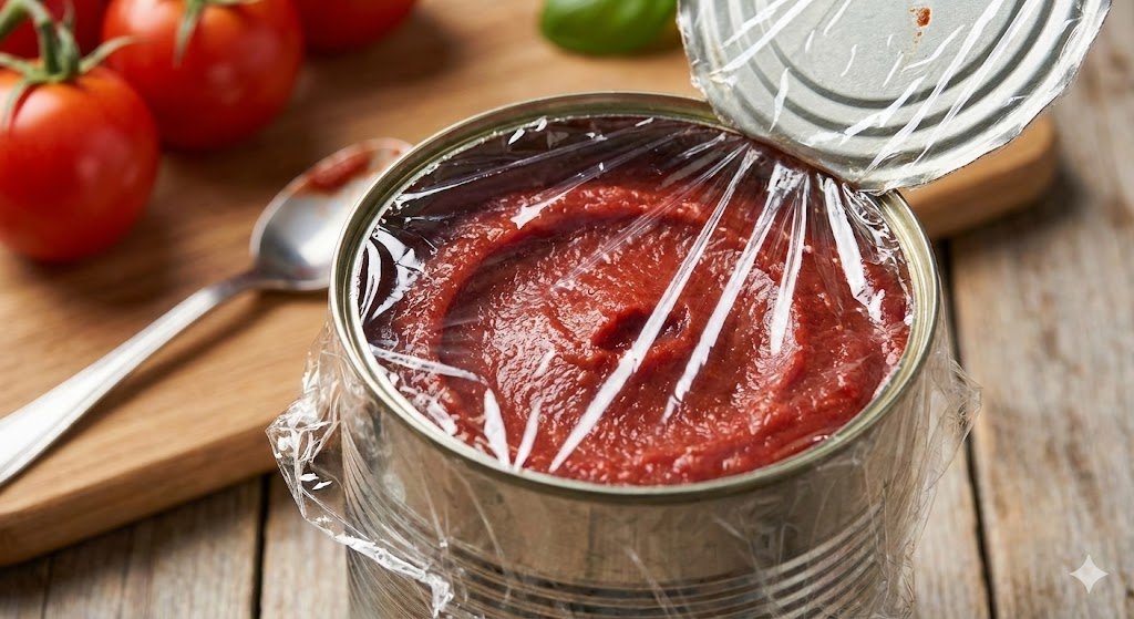 the open canned tomato paste with plastick wrap
